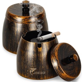 Outdoor Ashtray Set of 2, Stainless Steel Retro Ashtray with Lid for Indoor and Outdoor Use, Wind Ashtray with Non-Slip Underside for Garden, Bar and Balcony - S