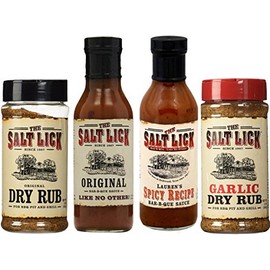 Salt Lick Favorites Assortment, one each of Original Dry Rub, Original Sauce, Spicy Sauce and Garlic Dry Rub