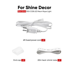 Shine Decor 6FT Long LED Power Cord with Fuse, Only for 10x4.5mm 120V Flexible COB LED Neon Rope Light, Pack of 3