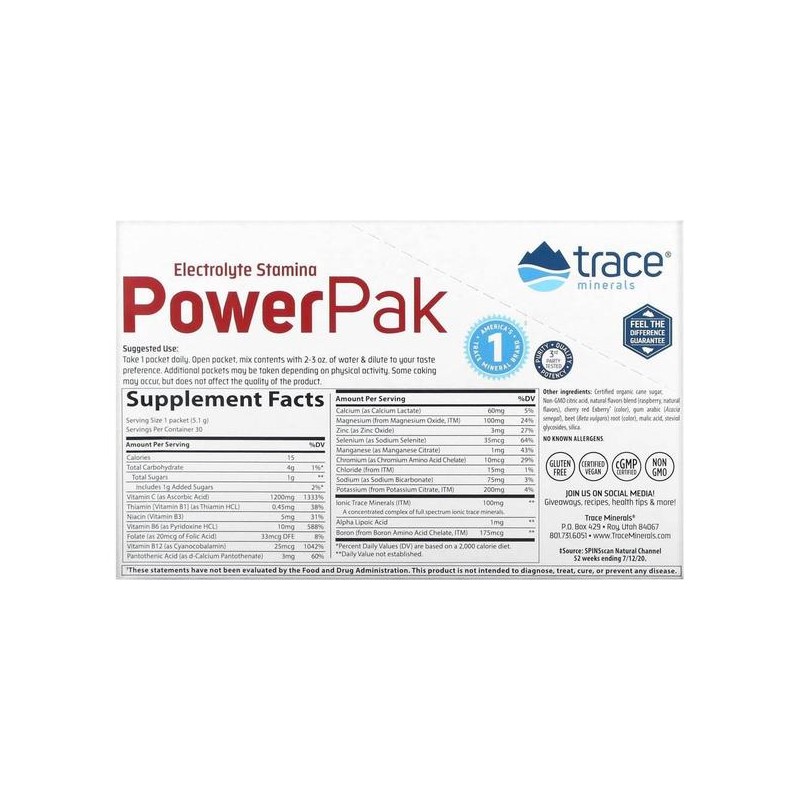 미국직구 Trace Minerals 트레이스미네랄 파워팩 1200mg 비타민C 라즈베리맛 5.1g 30봉