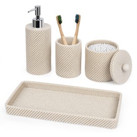 Juego de 4 accesorios de baño color beige, soporte para cepillo para polvo de dientes, dispensador de jabón de loción, dispensador de soporte Qtip,
