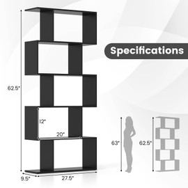 SILKYDRY 5-Tier Geometric Bookshelf, Freestanding Room Divider Bookcase, S-Shaped Decorative Storage Shelving, 62.5" Tall Display Book Shelf for Bedroom, Living Room (1, Black)