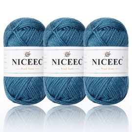NICEEC 3 Skeins Soft Wool Yarn Glossy Wool Blend Yarn for Crochet Knitting Sport Weight Yarn for DIY Craft Spun Wool Yarn(3×50g/3×110yds)-Pacock Blue