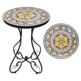 VCUTEKA Outdoor Side Table Mosaic Patio Table Accent Tables Mosaic Tile Top Metal Frame Small End Tables Porch Beach Patio Garden Balcony Yellow