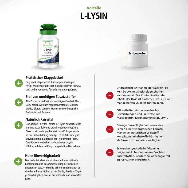 L-Lysine Hochdosiert 500mg (100 Capsules – Vegetarian – Pure L-Lysine