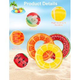 Pukitt Pack of 3 Inflatable Swimming Rings with Summer Fruit Painting, Orange, Lemon and Watermelon Swimming Ring Adults, 90 cm Transparent Floating Ring for Summer Pool Party
