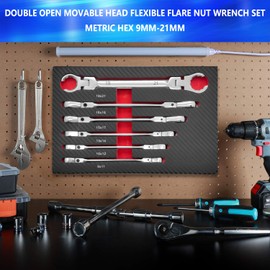 ZKTOOL 6PCS Double Open Movable Head Flexible Flare Nut Wrench Set，Metric Hex 9mm-21mm ，Kit For Most Common Sizes Of Compression Joint Fittingmovable And Removable, Can Be Used In Narrow Spaces