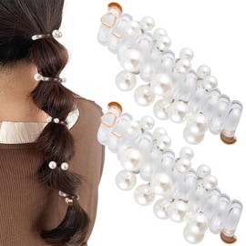 SmallCat 2PCS Spiral Hair Ties with Beads, Artificial Pearl Phone Cord Shape Hair Bands, Elastic Rubber Ponytail Holders for Women, No Crease Hair Accessories for Long Curly Hair - White Pearl