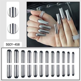 Square Press On Nails Long Fake Nails Chrome False Nails With Mirror Metallic Design Sliver Glue On Nails Full Cover Acrylic Artificial Nail Glossy Reusable Stick On Nail For Women 24pcs