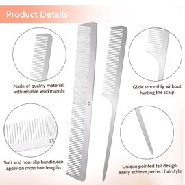 2 PCS Stainless Steel Hair Combs Metal Rat Tail Comb with Metal Pick Flat Top Barber Comb Teasing Pintail Comb Hair Styling Cutting Comb