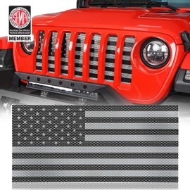 Hooke Road Front Mesh Grill Insert for Jeep Gladiator JT/Jeep Wrangler JL 2018 2019 2020 2021 2022 2023 2024 - Faded White & Black US Flag
