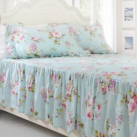 FADFAY Farmhouse Bedding Shabby Blue Floral Vintage Floral Print Duvet Cover Set Bedspread Elegant French Country Style with Ruffle 4 Pcs Cal King Size