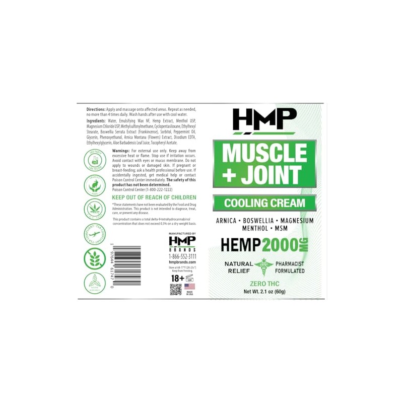 Hemp Cream Muscle & Joint Support 2000MG with Menthol for