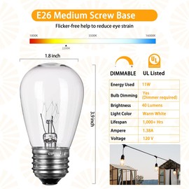 Pack of 26pcs S14 Light Bulbs for String Lights -11 Watt E26 Medium Candelabra Screw Base S14 Warm Replacement Clear Glass Bulbs for Commercial Grade Outdoor Patio Garden Vintage String Lights
