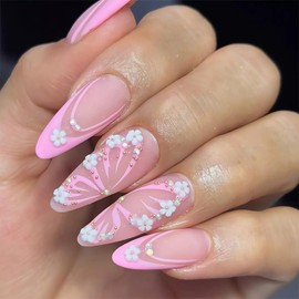 LPOODDNU 3D Handmade Press on Nails Almond Shape Pink Butterfly Fake Nails with Rhinestones and Flowers Designs Medium Acrylic French Tip Glue on Nails Elegant Artificial Nails for Women, 24Pcs