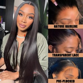 13x6 Lace Front Wig Human Hair Wigs for Women Straight 180% Density Natural Black Pre-Plucked with Baby Hair (13x6 Straight Wig, 22 Inch)