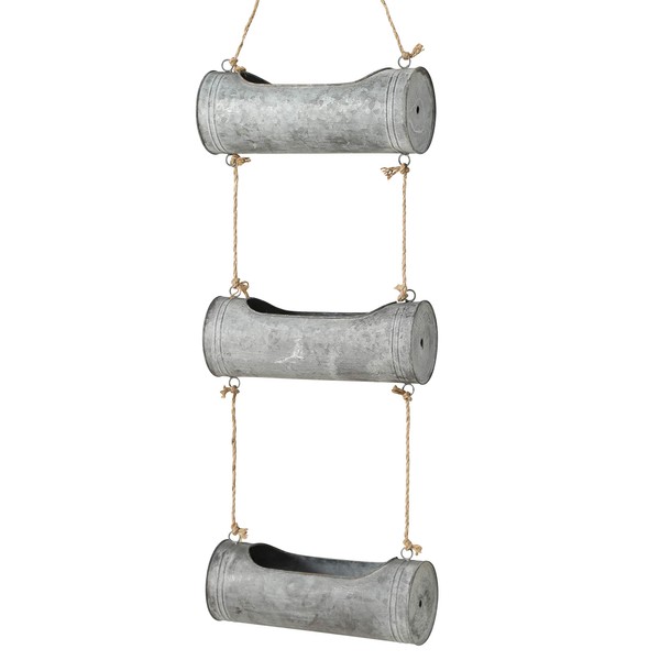 WHW Whole House Worlds Rope and Galvanized Can Plant Hanger Set, 37.5 Inch Drop, 3 Tube Cylinder Bins, 11.5 Inches Wide, Vertical Display