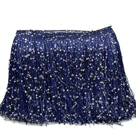 Yalulu 2 Meters Sequins Tassels Fringe Trim, Polyester Paillettes Bling Sewing Fringe Trim Metallic Sequin Trim for Latin Dance Dress DIY Clothing Embellishment (Navy Blue)