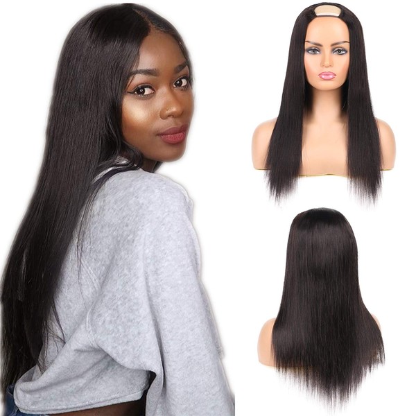 130% Density U Part Wigs - 20 Inch Straight Human Hair Wigs Natural Colour - 10A Virgin Brazilian Remy Human Hair Extension for Black Women None Lace Half Machine Made Wigs