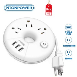 NTONPOWER Travel Power Strip, NTONPOWER Portable Charging Station 3 USB Without Surge Protector Short Extension Cord 15 inches/5ft/10ft/15ft Compact for Home, Office, Cruise Ships, Business Trip, Hotels, - Color-Length: White-15 inches