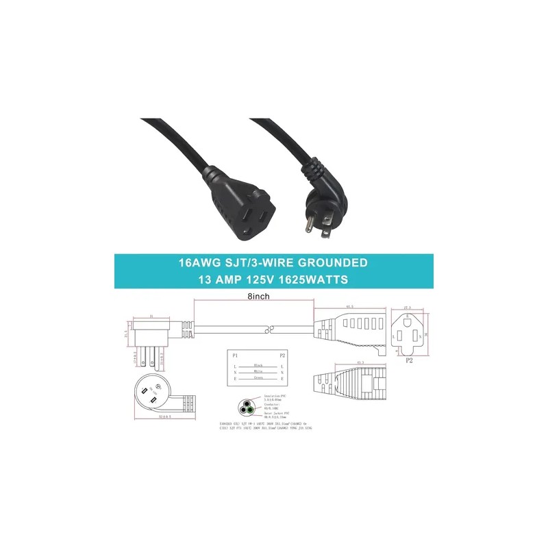 [5 Pack] Flat Plug Short Power Extension Cord - 8inch
