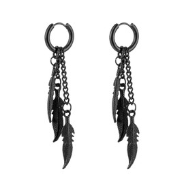 T-ztoss Stainless Steel Punk Drop Dangle Hinged Earrings Feather Gothic Mens Earring Black Huggie Hoop Earrings for Women (3 feather)