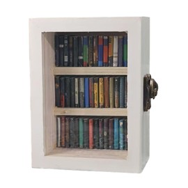 Miniature Book Library Decoration, Pocket Anxiety Bookshelf with 60 Mini Books, Handmade Antique Style Storage Display (White)