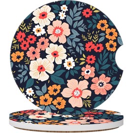Retro Colorful Folk Floral Car Coasters for Cup Holders, 2 Pack Car Cup Holder Coasters for Women Men, 2.56 inch Anti Slip Insert Absorbent Ceramic Car Cup Coasters with Cork Base and Finger Notch
