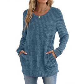 JomeDesign Womens Tops Long Sleeve Shirts for Women Crewneck Long Sweaters Loose Fit Bluegray M