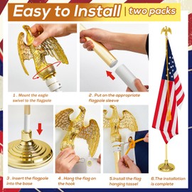 Hicarer 2 Set Indoor Telescoping Flag Pole with Base and Eagle Topper Independence Day Veteran Day Portable Flag Pole Kit Heavy Duty Aluminum Gold Telescoping Us Flag for Office School(8 Feet, Metal)