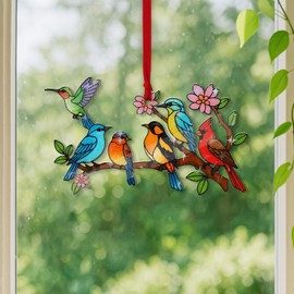 Fastpeace Hologram Bird On Branch Ornament Colorful Stained Glass Style Hanging Decoration for Christmas Tree, Window or Garden – Decorative Acrylic Birds Ornament Gift for Bird Lovers