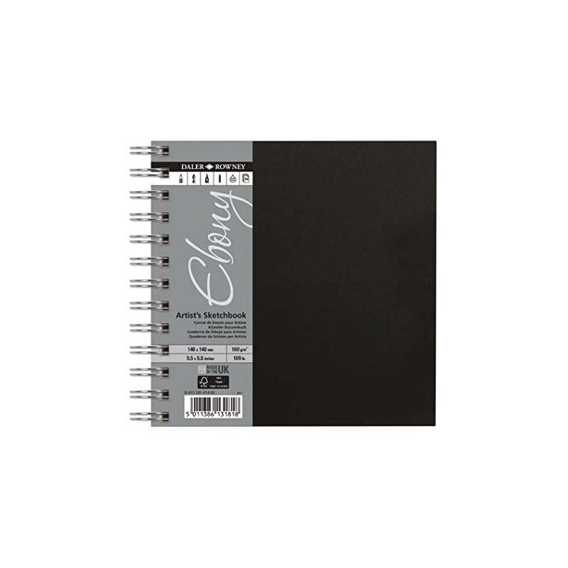 Daler-Rowney Ebony Sketchbook, Smooth Surface, 160gsm, Spiral Bound, Square, 14