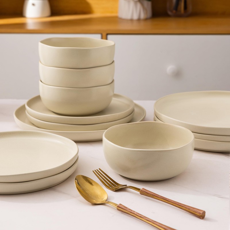 AmorArc Ceramic Dinnerware Sets, Wavy Rim Stoneware Plates and Bowls