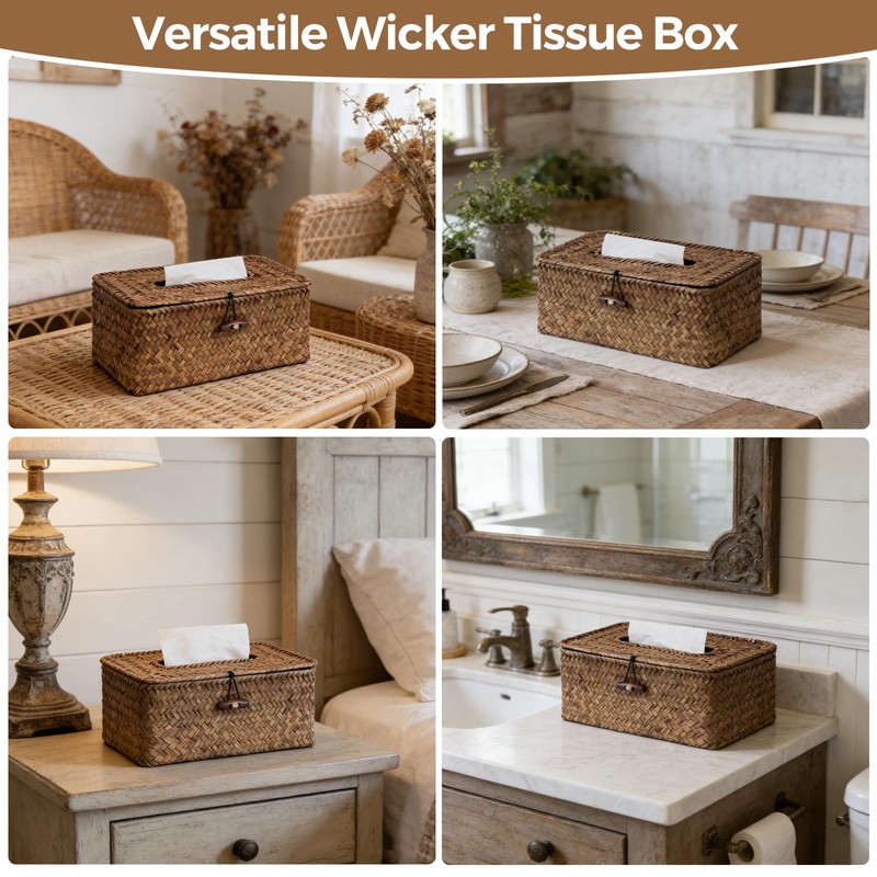 Rectangle Wicker Tissue Box Cover, Natural Seagrass Tissue Box Holder