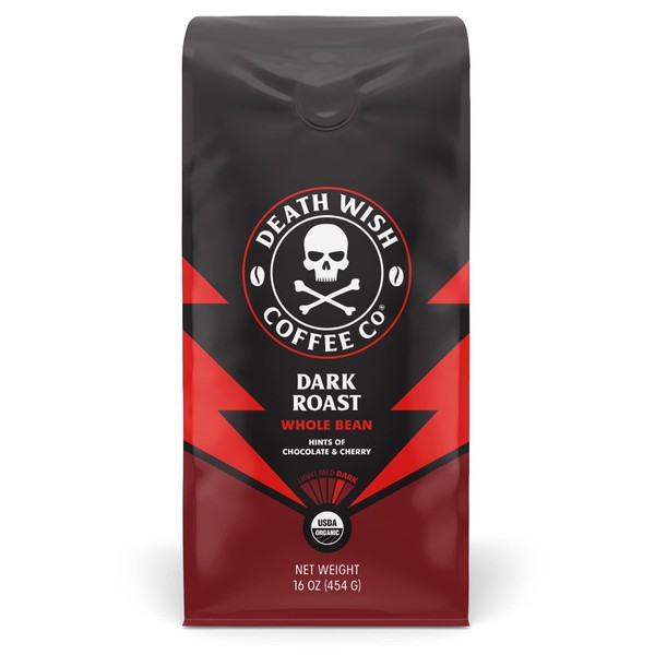 DEATH WISH COFFEE Whole Bean Coffee Dark Roast - Extra Kick of Caffeine - USA Organic Coffee Beans Bundle/Bulk - Fair Trade Arabica & Robusta Coffee - Real Dark Roast Coffee Beans (16 oz)(2 pack)