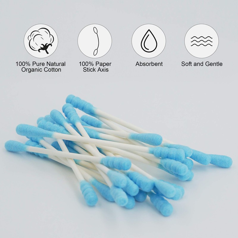 HOMEFOX Blue Cotton Swabs Spiral - 600 Count Organic Cotton