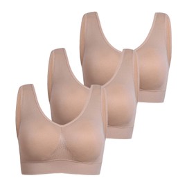 PRETTYWELL Sleep Bra for Women, Seamless Wireless Stretchy Sports Bra, Pack of 3 or 1, with Removable Pads, 3 Pack Nude L