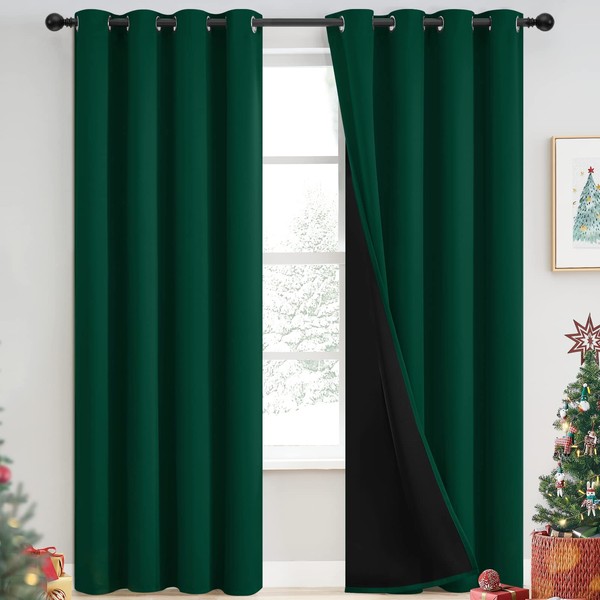 Yakamok 100% Blackout Curtains for Bedroom 84 Inch Length, Emerald Green Total Light Blocking Drapes with Black Backing, Thermal Insulated Solid Grommet Panels for Living Room, 52Wx84L, 2 Panels