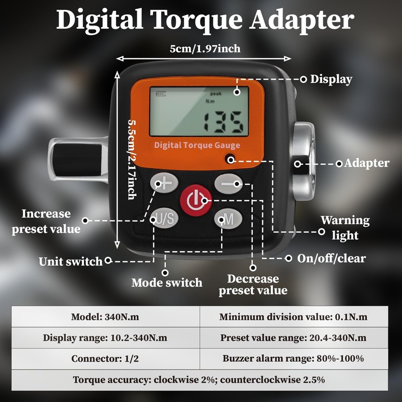 Digital Torque Adapter, Digital Torque Wrench 1/2”340Nm with Adapters 1/4"