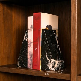 Bey-Berk Whitney Zebra Marble Bookends (Black, Set of 2), 4" x 2.5" x 6" Heavy Wedge Book Ends for Desk, Shelf, or Office