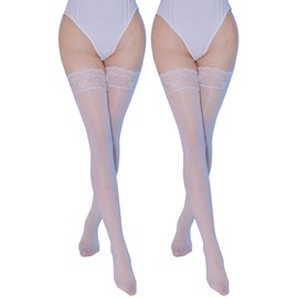 Maeau Women's Stockings, Knee High Socks, For Beautiful Legs, Sexy, Sheer, Bare-Skin, Pantyhose, Cute, Lace, Anti-Slip, Elastic, Party, Dating, Casual, Work or School, Set of 2 Pairs, White *2, Free