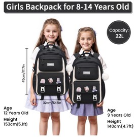 Tanou School Backpack Girls Backpack School Teenagers 22 Litre Breathable School Bag for Girls 3rd to 7th Grade, Water Resistant Nylon School Bag Kids, Kg126# Black, Rucksack