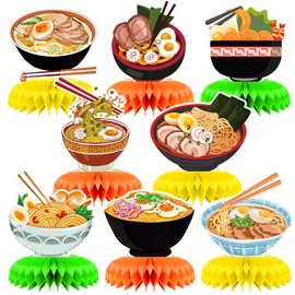 8 Pcs Ramen Party Decoration, Japenese Noodles Theme Honeycomb Centerpieces 3D Double Sided Table Decorations, Photo Booth Props for Kids Boys Girls Birthday Party Supplies