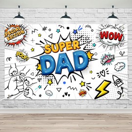 Lofaris Super Dad Banner 70.8x43.3in Comic Style Father’s Day Backdrop Superhero Dad Party Decorations Photo Booth Props