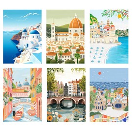 HOIYLDS 6 Packs Paint by Numbers for Adults Beginners, Santorini Positano Painting by Number Kits on Canvas Without Frame, Florence Lanscape Craft Arts for Home Wall Decor 9.8x13.8inch