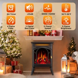 Electric Fireplace Stove, 1500W, Fast Heating, X Infrared Fireplace Heater with Remote Control, 8H Timer, Freestanding Stove with Adjustable 3D Flame Overheat Protection, Indoor Fireplace