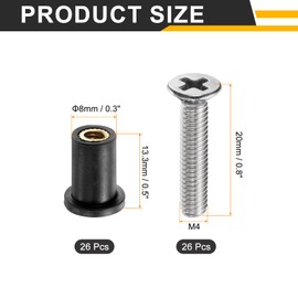 sourcing map 26 Pairs M4 Neoprene Well Nuts with Stainless Steel Screw, Rubber Well Nuts Kit Brass Copper Bolt, Universal Motorcycle Fasteners for Kayak Boat Windscreen