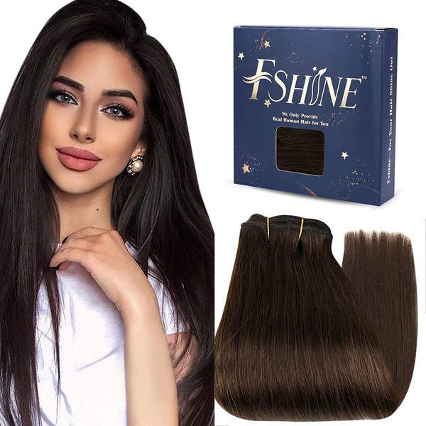 Fshine Hair Wefts Real Hair for Sew-In 45 cm Dark Brown Remy Hair Extensions Real Hair Weaves Straight Human Hair Natural 1 Bundle Sew-in Weft Hair Extensions, 100 g