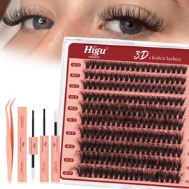 Higu clace Cluster Lashes Kit D Cul, 3D Individual Eyelashes Kit Mix 10-18mm Eyelash Cluster Kit, DIY Lash Extension Kit with Bond and Seal and Applicator (3D 40D)