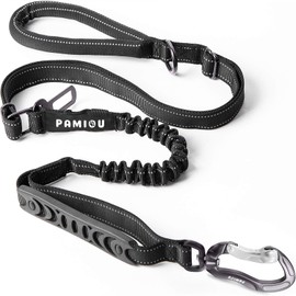 Pamiou Heavy Duty Dog Leash with Strong Lead for Medium to Large Dogs, Shock Absorbing with Bungee Design, Two Padded Handle & Car Seat Belt Buckle, Light Reflective Rope Dog Leads (Black)